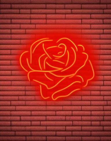Flower neon sign on brick wall