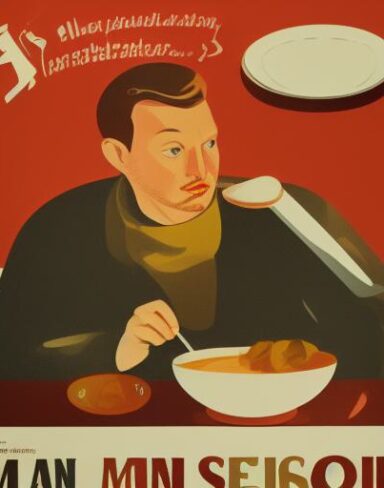 Man holding spoon in front of a bowl of soup