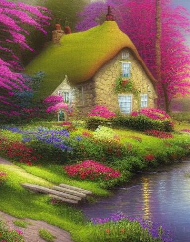 Painting of a cottage by a river with vivid flowers