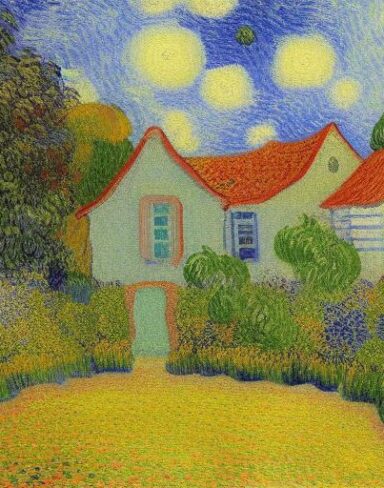 Painting of a house in a garden