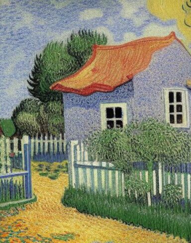 Painting of a house in a garden with flowers