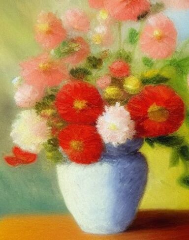 Painting of flowers in a vase on a table