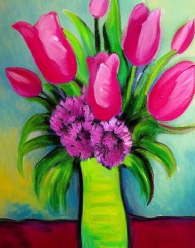 Painting of many pink flowers in a vase
