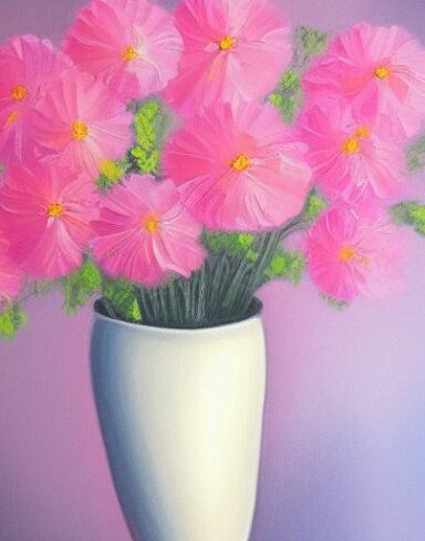 Painting of pink flowers in a vase
