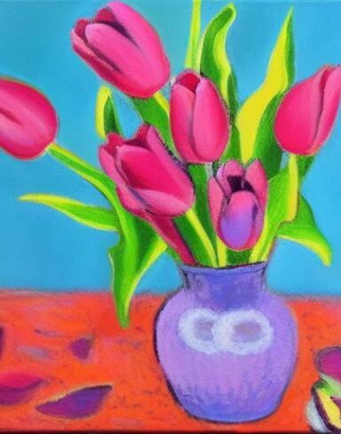 Painting of pink tulips in a vase