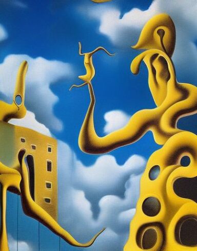 Painting on the side of a building with sculptures and sky