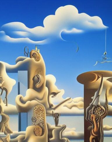 Painting on the side of a building with sculptures and sky