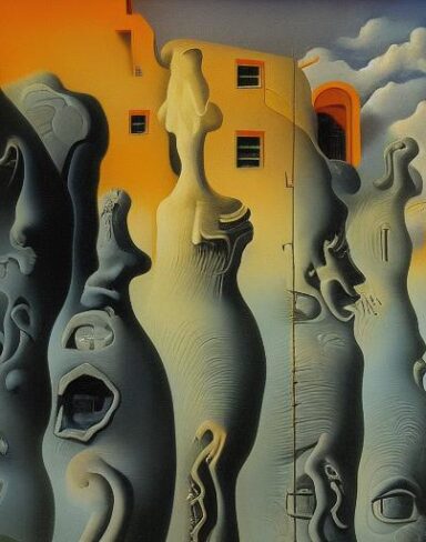 Painting on the side of a building with sculptures and sky