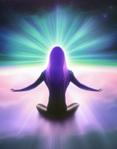 Psychedelic painting of an elven spirit meditating in space