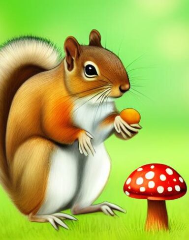 Squirrel standing near a mushroom