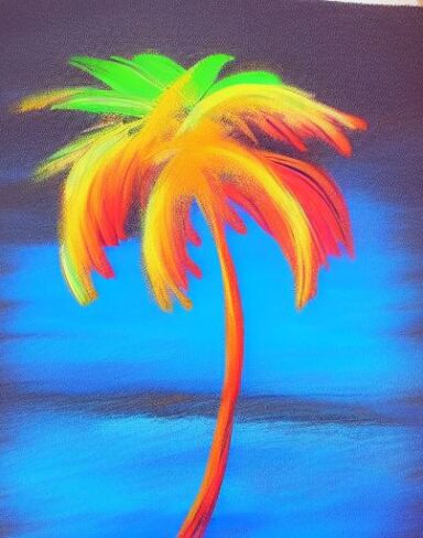 The color painting of a palm tree on a beach