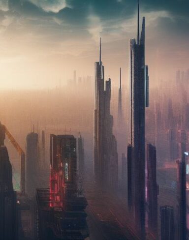 The digital city with lots of tall buildings