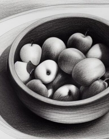 The drawing of fruit bowl on the table
