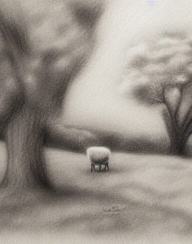 The drawing of sheep and trees in rural area