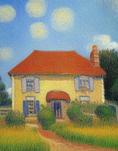The impressionism painting of the house and a garden