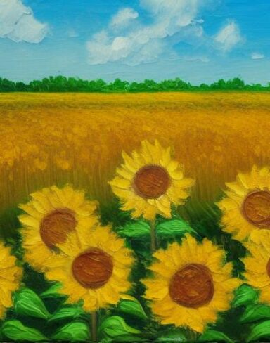 The oil painting of sunflowers in the field