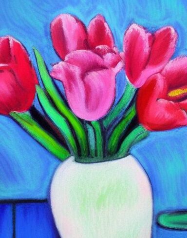 The painting of several pink flowers in a vase