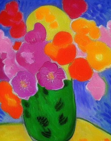 The painting of several pink flowers in a vase