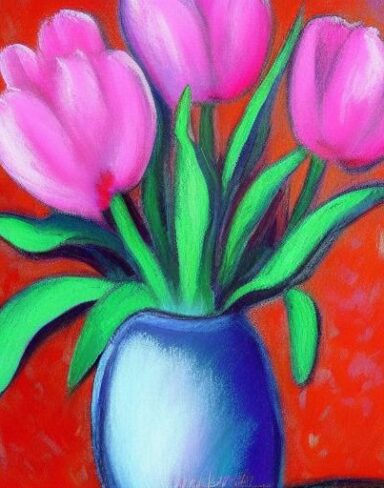 The painting of several pink flowers in a vase