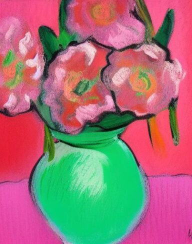 The painting of several pink flowers in a vase