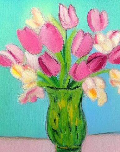 The painting of several pink flowers in a vase