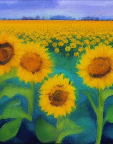 The painting of yellow sunflowers in the field