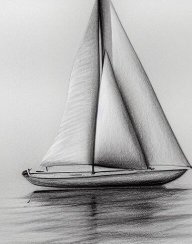 The pencil drawing of a sailboat in the water