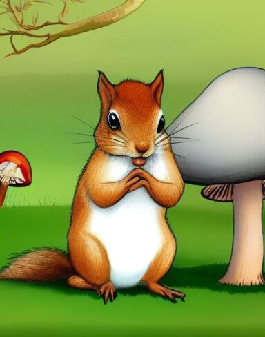 The squirrels near a mushroom