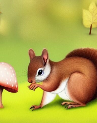 The squirrels near a mushroom