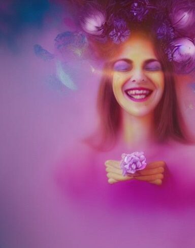 The woman holding a laughing flower in a close-up psychedelic artwork
