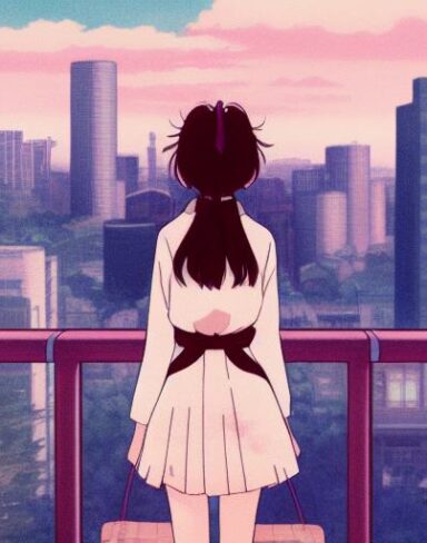 This enchanting anime portrait from Studio Ghibli portrays a school girl in front of the vibrant Tokyo cityscape in an analog photo style. The school girl stands on a rooftop