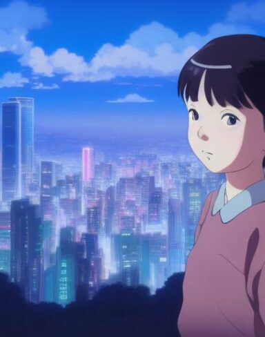 This mesmerizing anime portrait from Studio Ghibli showcases a school girl in a panoramic shot