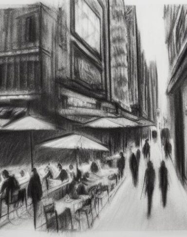 A black and white Charcoal drawing of a city street with a restaurant and bar and people eating outside