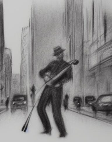 A black and white Charcoal drawing of a man playing violin in the city street