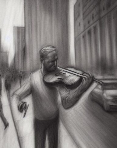 A black and white Charcoal drawing of a man playing violin in the city street