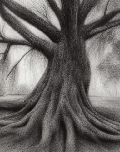 A black and white art drawing of a tree