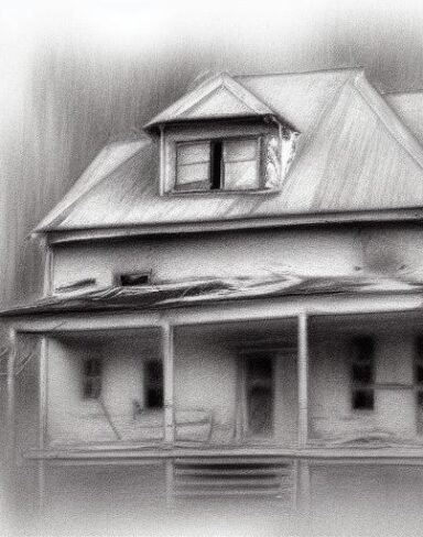A black and white charcoal drawing of the house