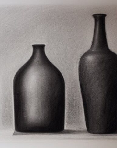 A black and white charcoal drawing of two vases and a bottle