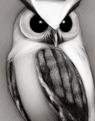 A black and white drawing of a beautiful bird