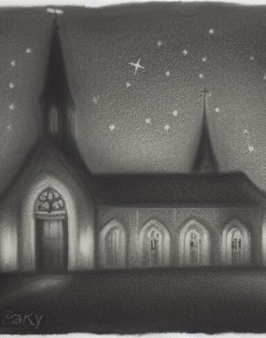 A black and white drawing of a city and church at night with a serene starry sky