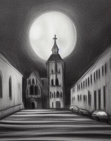 A black and white drawing of a city and church at night with full moon in the day with many flowers