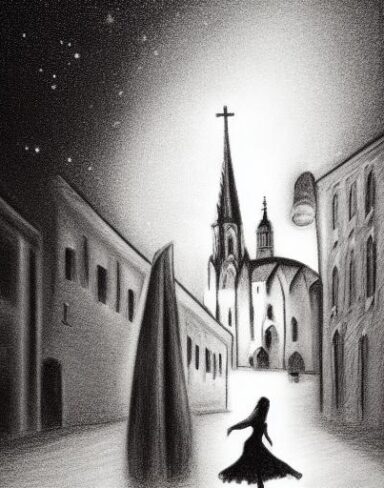 A black and white drawing of a city and church at night with starry sky with a woman dancing on street