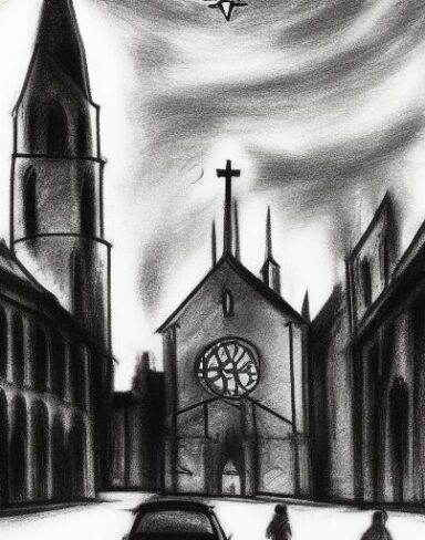 A black and white drawing of a city and church at night with starry sky with many people on street