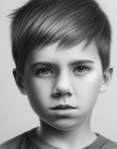 A black and white drawing of a cute boy