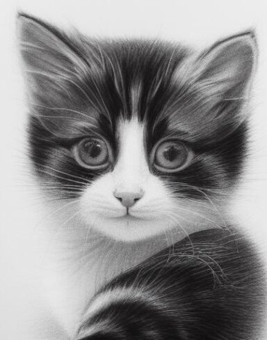A black and white drawing of a cute kitten