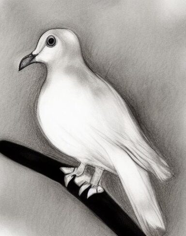 A black and white drawing of a dove bird