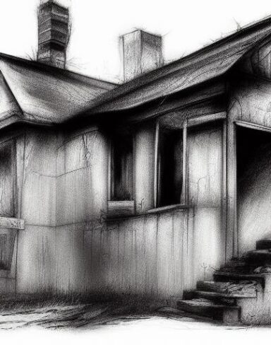 A black and white drawing of a house