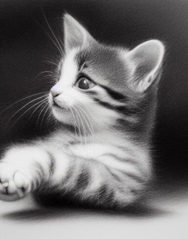 A black and white drawing of a kitten playing around