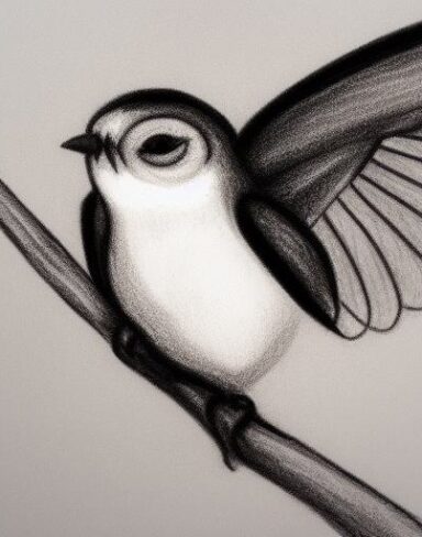 A black and white drawing of a small flying bird
