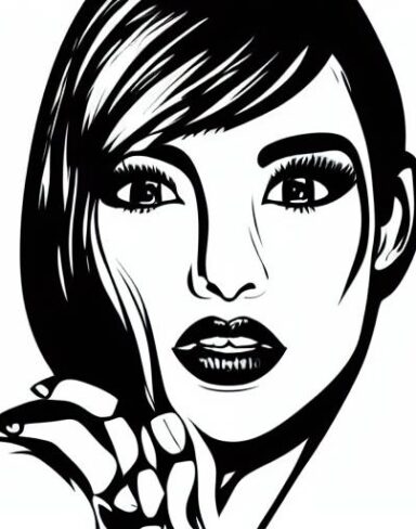 A black and white drawing of a woman’s face